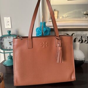 Tory Burch Brown Thea Large Pebbled Leather Tote with Tassels